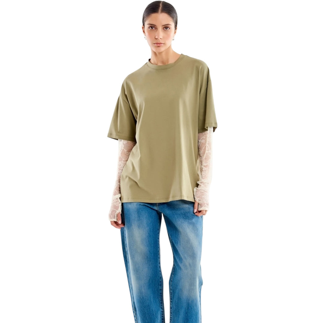 T-SHIRT IN COTONE con maniche in pizzo